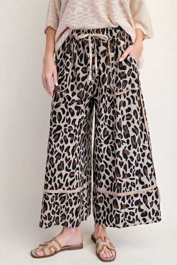 Easel Leopard Print Terry Knit Pants in Mushroom