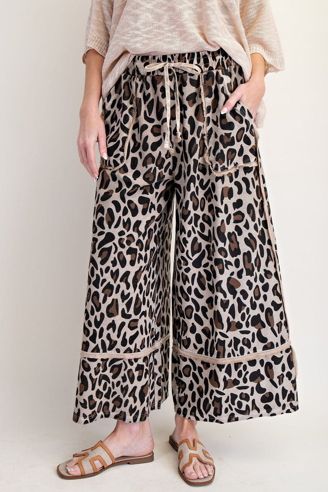 Easel Leopard Print Terry Knit Pants in Mushroom