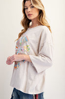 Easel Mixed Print SUN Patched Top in Mushroom