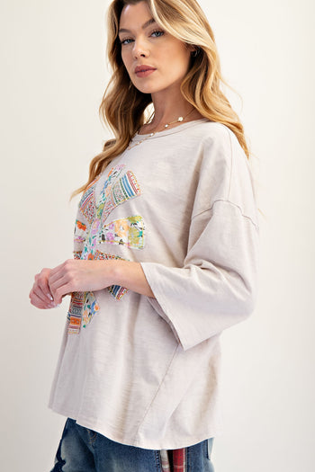 Easel Mixed Print SUN Patched Top in Mushroom