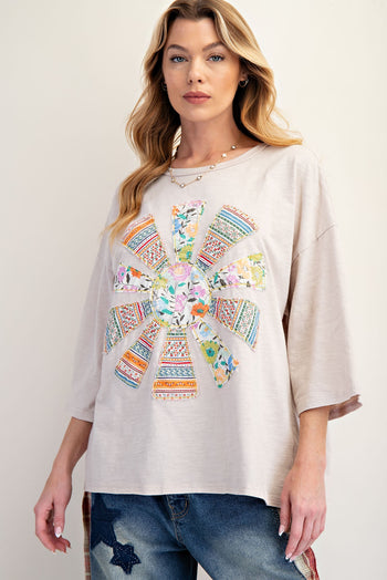 Easel Mixed Print SUN Patched Top in Mushroom