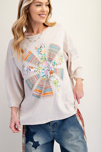 Easel Mixed Print SUN Patched Top in Mushroom