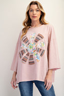 Easel Mixed Print SUN Patched Top in Dusty Rose