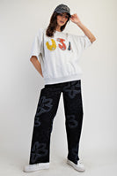 Easel Solid Color Terry Knit Top with USA Mixed Fabric Patches on Front in Light Heather Grey