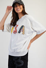 Load image into Gallery viewer, Easel Solid Color Terry Knit Top with USA Mixed Fabric Patches on Front in Light Heather Grey
