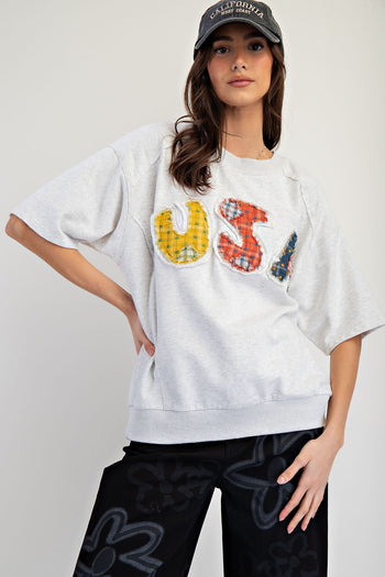 Easel Solid Color Terry Knit Top with USA Mixed Fabric Patches on Front in Light Heather Grey