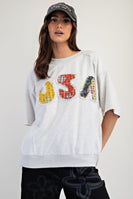 Easel Solid Color Terry Knit Top with USA Mixed Fabric Patches on Front in Light Heather Grey