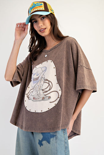 Easel Mineral Washed Top with Studded Western Graphic Patch in Ash Mocha