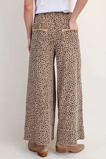 Easel Animal Print Terry Knit Pants in Camel ON ORDER