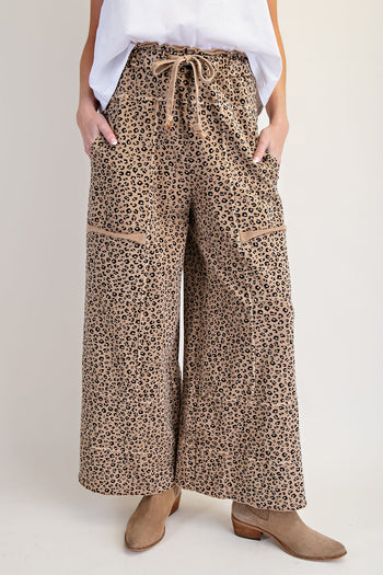 Easel Animal Print Terry Knit Pants in Camel ON ORDER