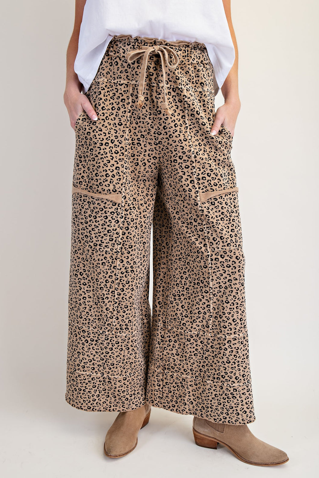 Easel Animal Print Terry Knit Pants in Camel ON ORDER