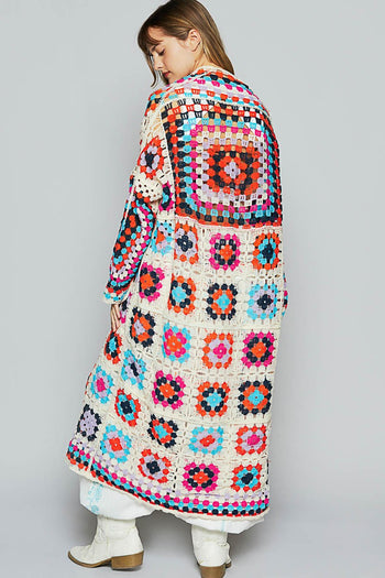 POL Open Front Crochet Granny Square Patterned Cardigan in Beige Multi ON ORDER