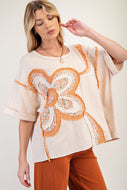 Easel OVERSIZED Top with Mixed Raised Flower Patch in Natural