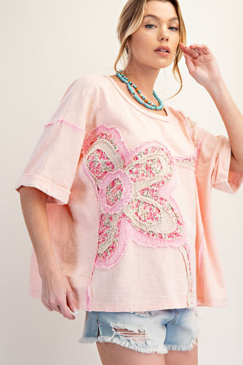 Easel OVERSIZED Top with Mixed Raised Flower Patch in Blush