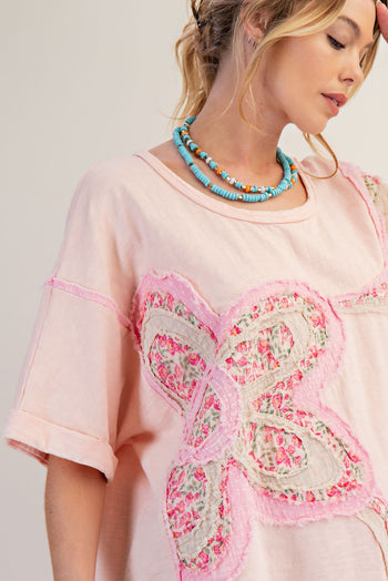 Easel OVERSIZED Top with Mixed Raised Flower Patch in Blush
