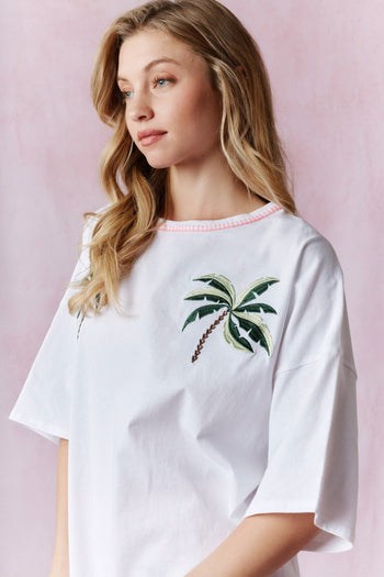 Peach Love Palm Tree Embroidered Set in Off White and Candy Pink