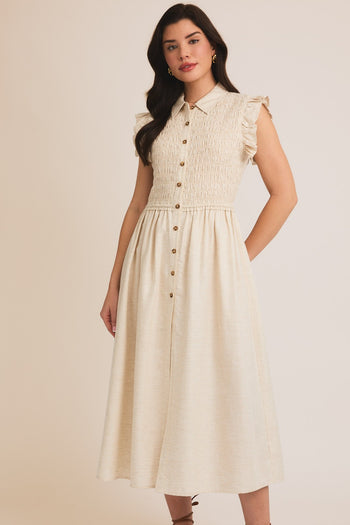 Gilli Solid Color Smocked Top Midi Dress in Cream
