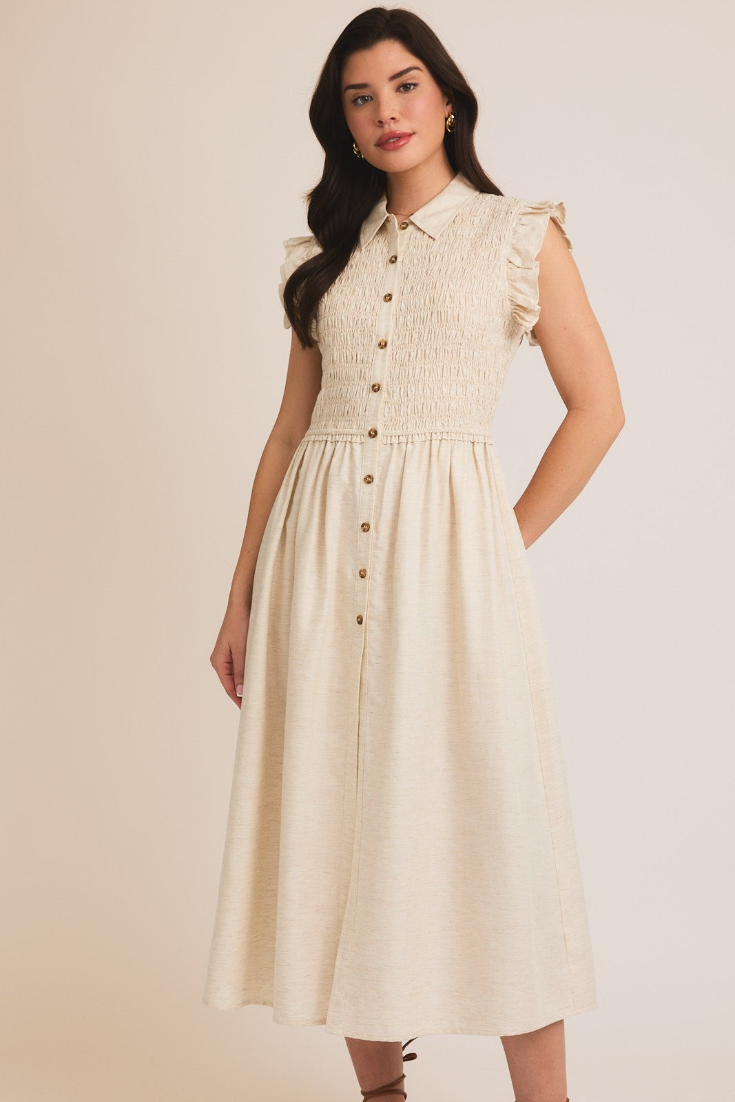 Gilli Solid Color Smocked Top Midi Dress in Cream L Gilli Solid Color Smocked Top Midi Dress in Cream L