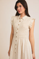 Gilli Solid Color Smocked Top Midi Dress in Cream