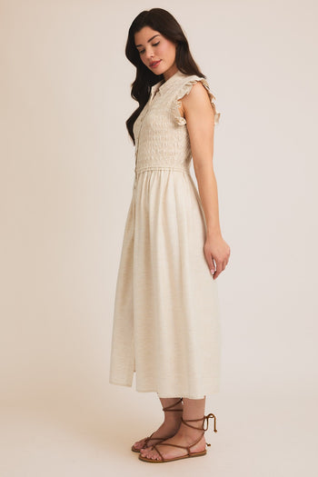 Gilli Solid Color Smocked Top Midi Dress in Cream