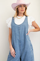 Easel Jumpsuit with Barrell Legs in Washed Denim