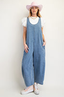 Easel Jumpsuit with Barrell Legs in Washed Denim