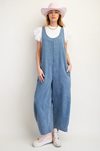 Easel Jumpsuit with Barrell Legs in Washed Denim