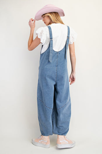 Easel Jumpsuit with Barrell Legs in Washed Denim