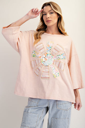 Easel Mixed Print SUN Patched Top in Chai