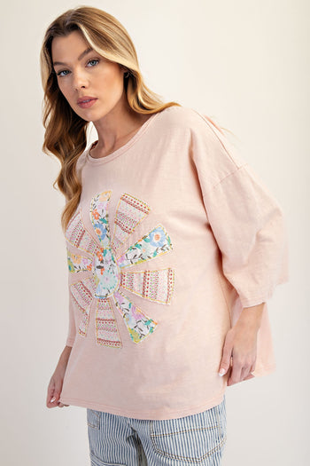 Easel Mixed Print SUN Patched Top in Chai