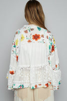 POL Open Front Floral Print and Lace Cardigan in Ivory Multi