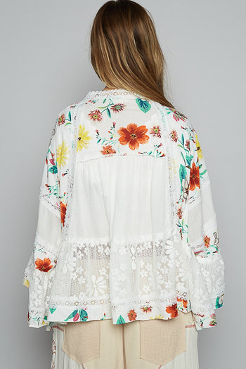 POL Open Front Floral Print and Lace Cardigan in Ivory Multi