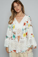 POL Open Front Floral Print and Lace Cardigan in Ivory Multi