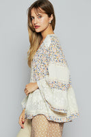 POL Open Front Floral Print and Lace Cardigan in Cream Multi