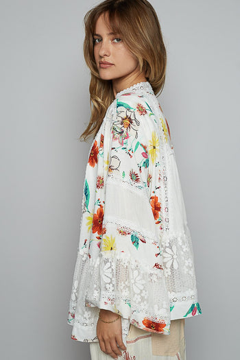 POL Open Front Floral Print and Lace Cardigan in Ivory Multi