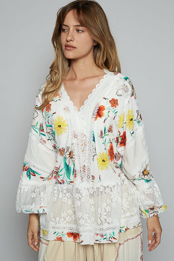 POL Open Front Floral Print and Lace Cardigan in Ivory Multi