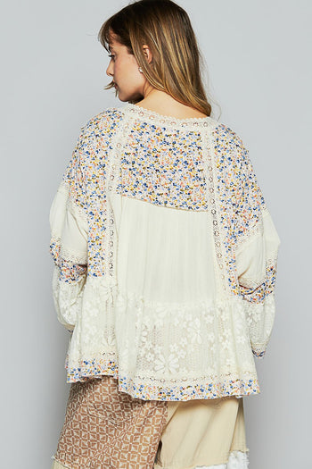 POL Open Front Floral Print and Lace Cardigan in Cream Multi