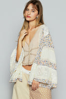 POL Open Front Floral Print and Lace Cardigan in Cream Multi