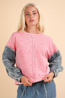 Very J OVERSIZED Terry Knit Top with Denim Sleeves in Rose