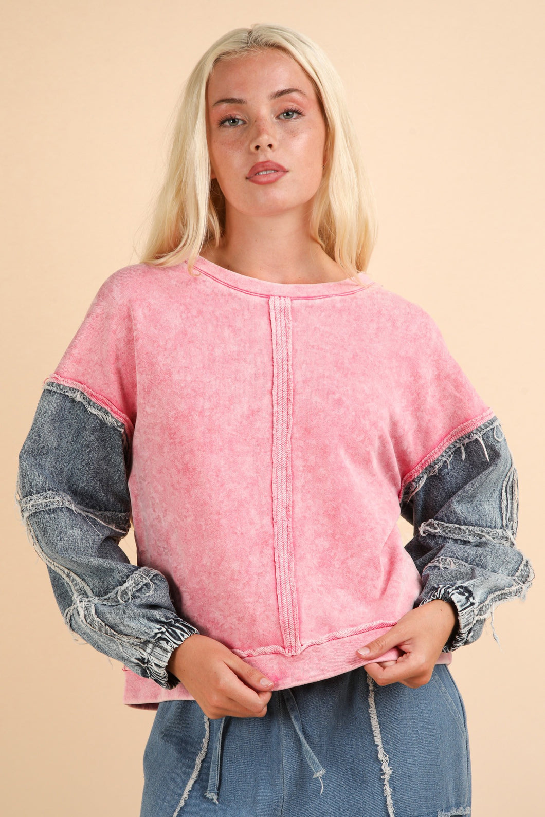 Very J OVERSIZED Terry Knit Top with Denim Sleeves in Rose