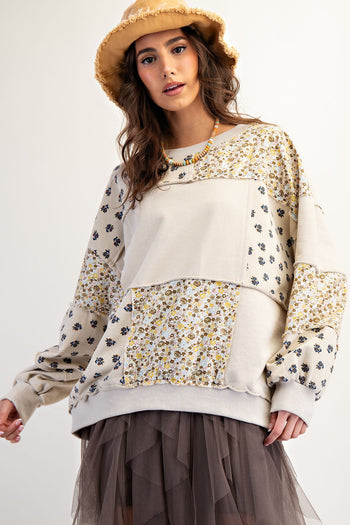 Easel Terry Knit Patchwork Sweatshirt in Beige