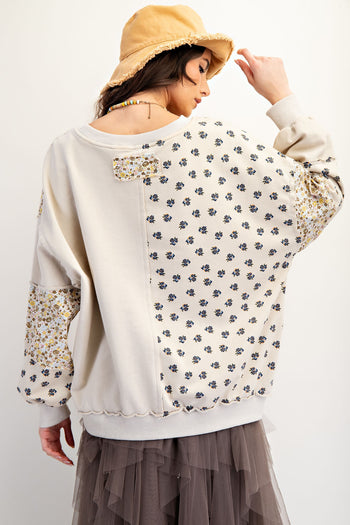 Easel Terry Knit Patchwork Sweatshirt in Beige