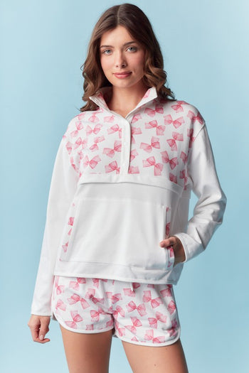 RARERAW French Terry Bow Print Set in Off White/Pink