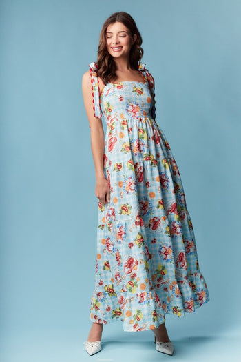 RARERAW Sea Breeze Picnic Print Maxi Dress in Sky Blue