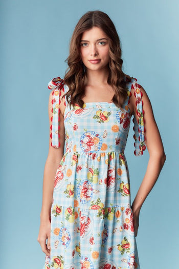 RARERAW Sea Breeze Picnic Print Maxi Dress in Sky Blue