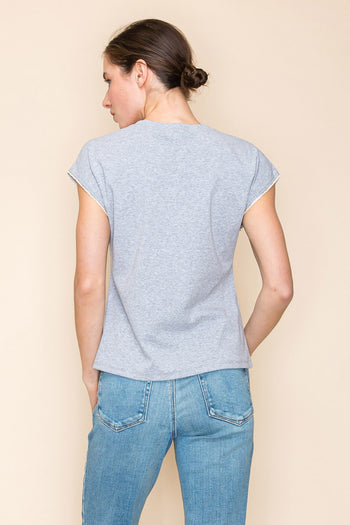 White Birch Solid Color Knit Top with Pearl and Rhinestone Trim in Heather Grey