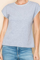 White Birch Solid Color Knit Top with Pearl and Rhinestone Trim in Heather Grey