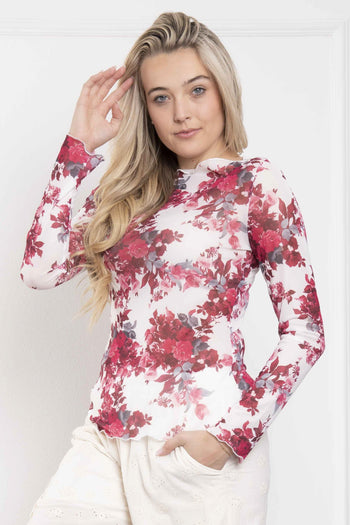 BlueVelvet FITTED Sheer Floral Print Fitted Top in Off White-Rose ON ORDER