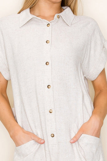 White Birch Solid Color Linen Blend Romper in Oatmeal