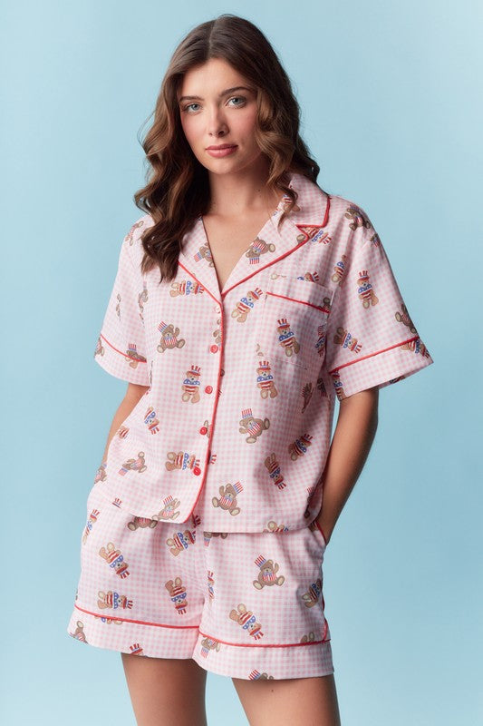 RARERAW Patriotic Teddy Bear Gingham Pajama Set in Pink